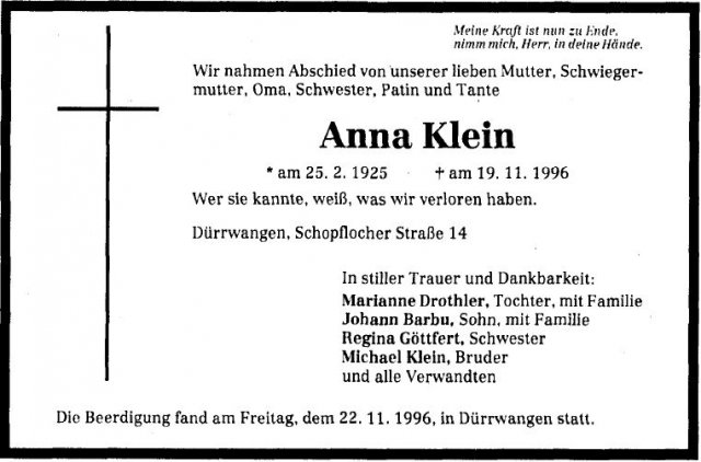 Klein anna 1925-1996 Todesanzeige